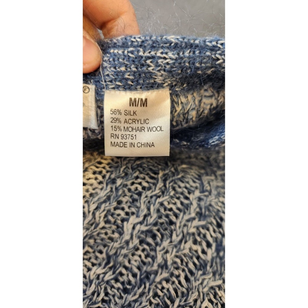 VTG EMOS COLLECTION Blue/White Cable Knit Silk Blend Tunic Cardigan Sweater SZ M - Picture 7 of 8